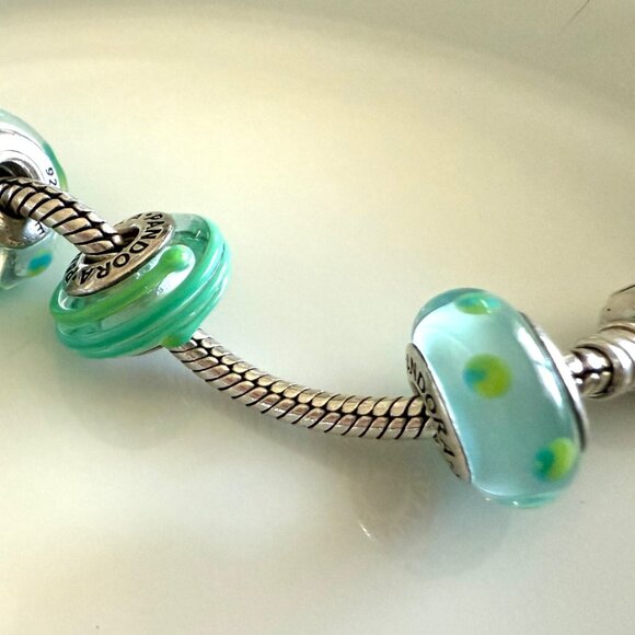 Three Authentic Pandora Retired Teal Murano Glass Charms Silver - Picture 2 of 4